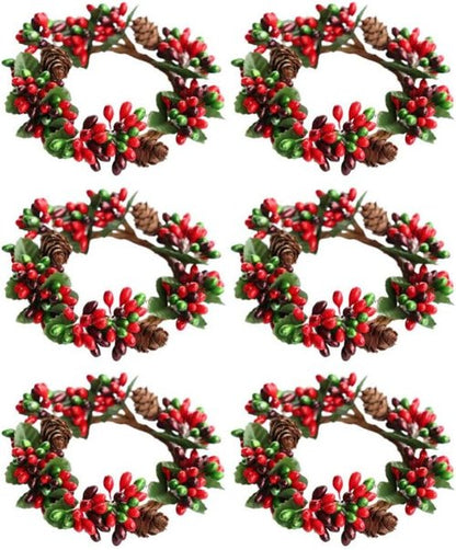 Amosfun Christmas Candle Rings - 6Pcs Artificial Berry Wreaths for Holiday Table Decor