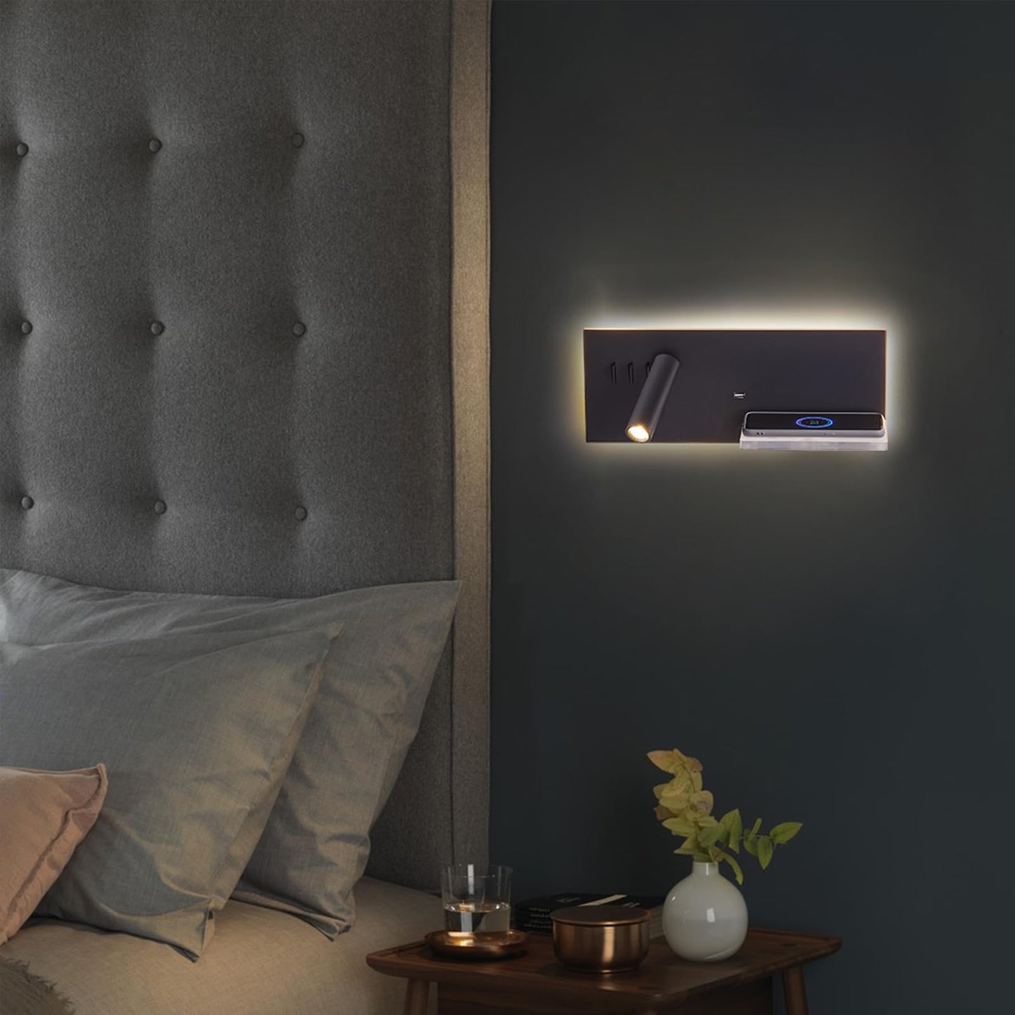 Reading Light Wall Mounted with Wireless Charger & USB Port, LED Book Light for Reading in Bed, Plug in Wall Light for Bedroom, 10W Background Light and 3W Spotlight 3000K Bedside Lamps