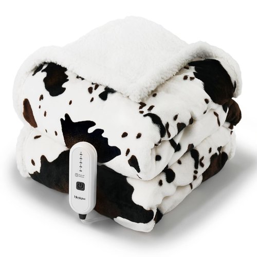 blunique Heated Throw Blanket Electric Blanket-Heating Blanket Throw with 5 Heat Levels & 4 Hours Auto-Off, Cozy Soft Fleece Sherpa, Washable, 50 x 60 Inches, Cow Print