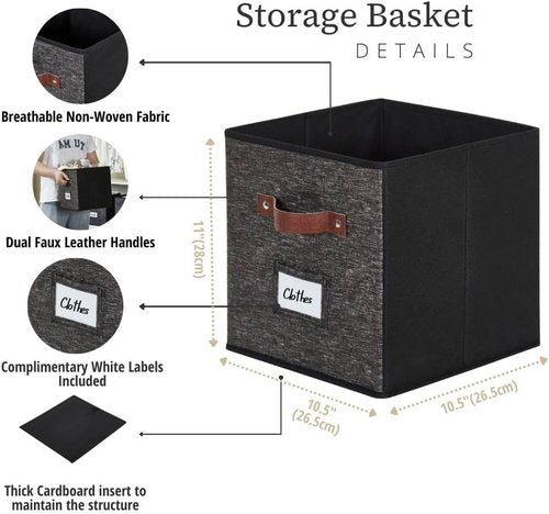 DECOMOMO Storage Bins - Fabric Cube Storage Bins with Labels | 10.5" x 11" | 6pcs, Black Pattern
