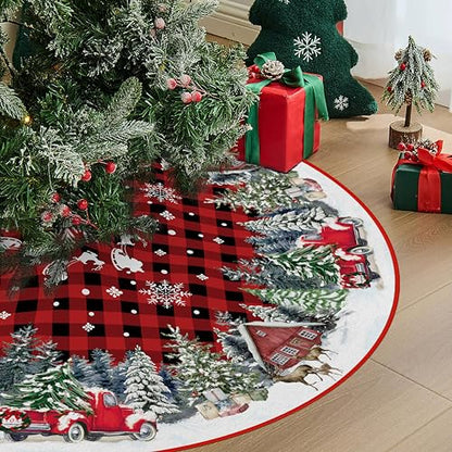 Red Buffalo Plaid Christmas Tree Skirt 48 Inch with Truck Design