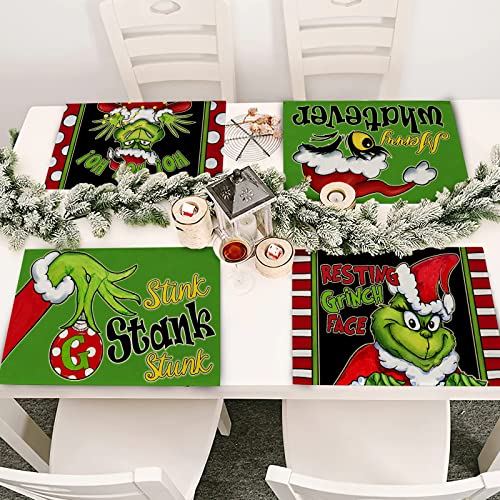 Christmas Placemats Set of 4 - Holiday Table Decor, Cotton Linen, Waterproof & Durable