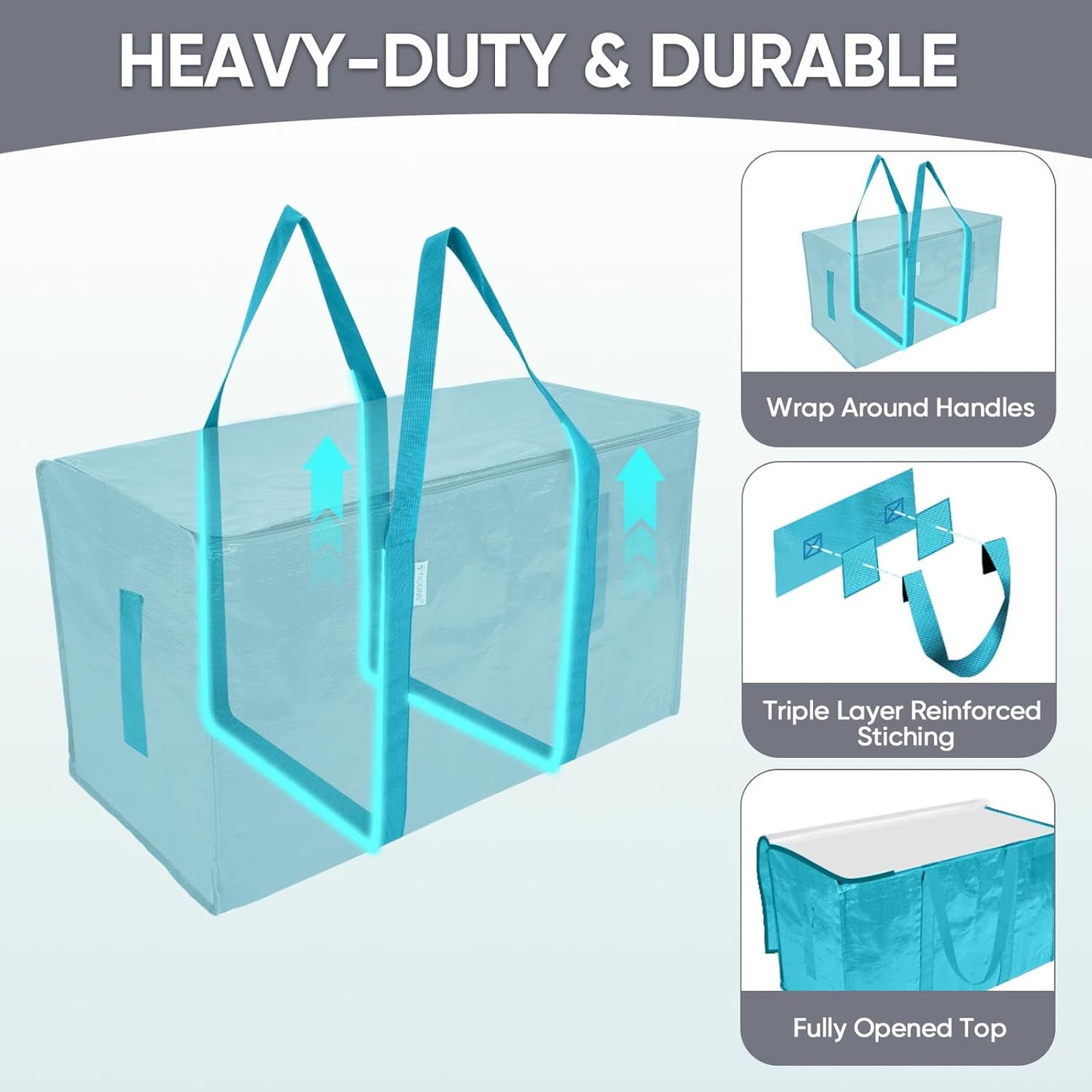 TICONN Extra Large Moving Bags - Heavy Duty Storage with Zippers & Handles | 8 Pack, Aqua