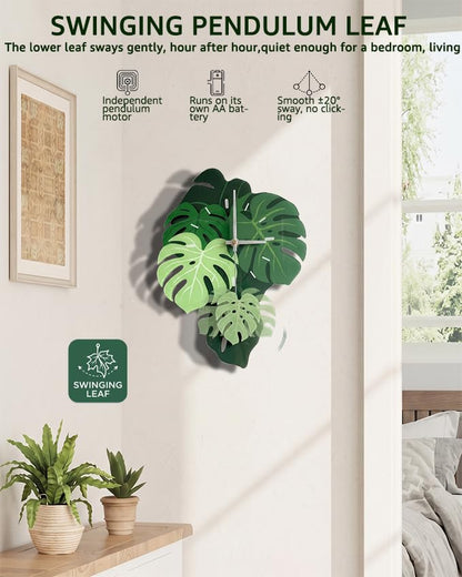 Leaf Wall Clock 15 Inch - Botanical Silent Pendulum, Non-Ticking, Green Variation