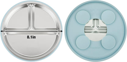 PandaEar Stainless Steel Baby Suction Plates - Divided Toddler Feeding Set | Dishwasher Safe (Blue/Green/Brown)