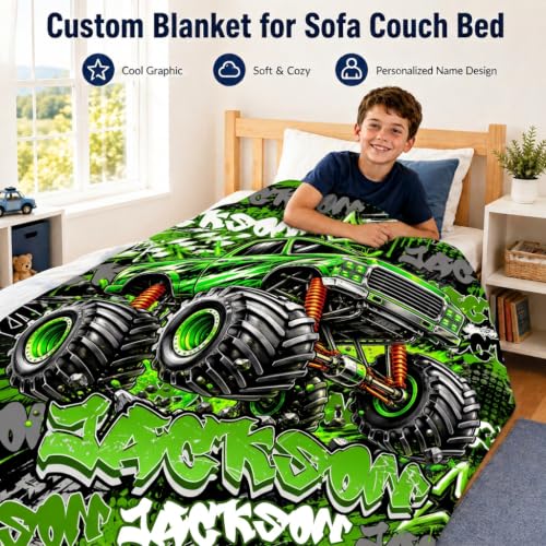 Personalized Boys Truck Blanket - Green Custom Throw for Kids Teens & Adults