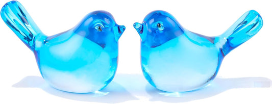 Qianwei Crystal Bird Figurine Set - Handmade Blown Glass Birds for Office Desk Decor | 2pcs Sky Blue