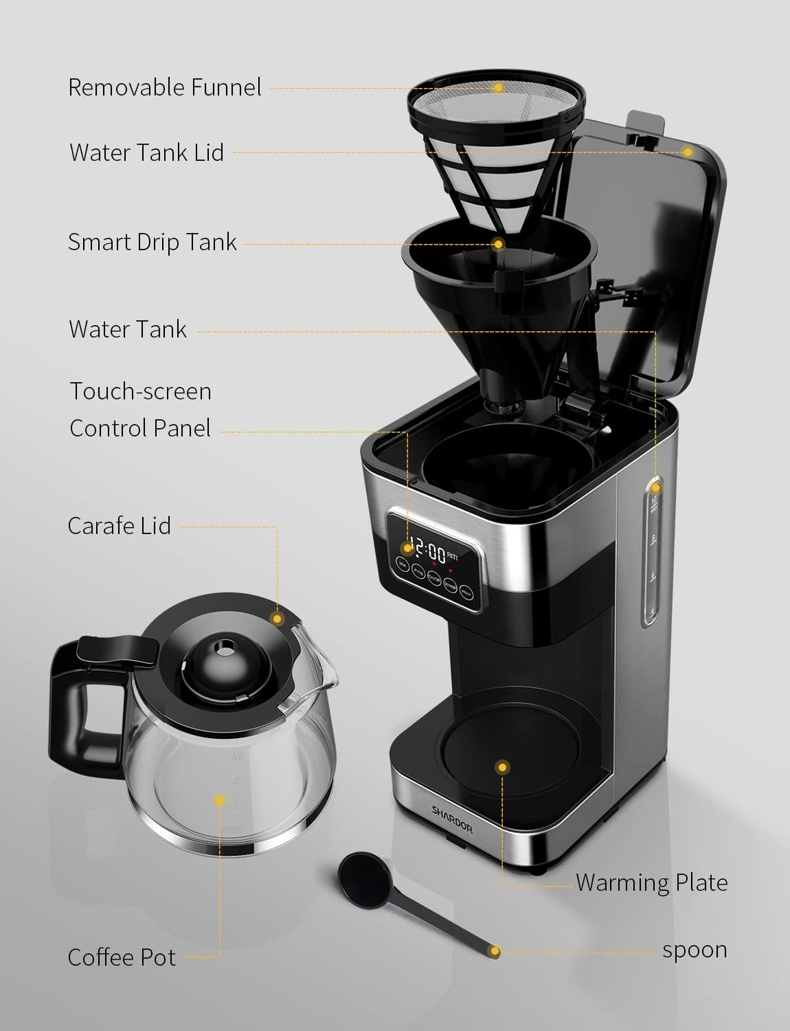 SHARDOR 10-Cup Coffee Maker - Programmable Drip Machine with Auto Shut Off & Permanent Filter - Silver