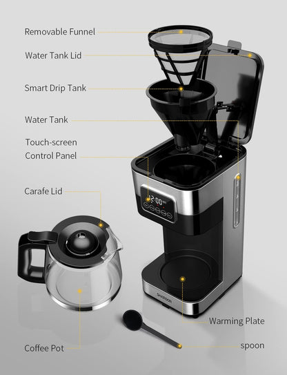 SHARDOR 10-Cup Coffee Maker - Programmable Drip Machine with Auto Shut Off & Permanent Filter - Silver