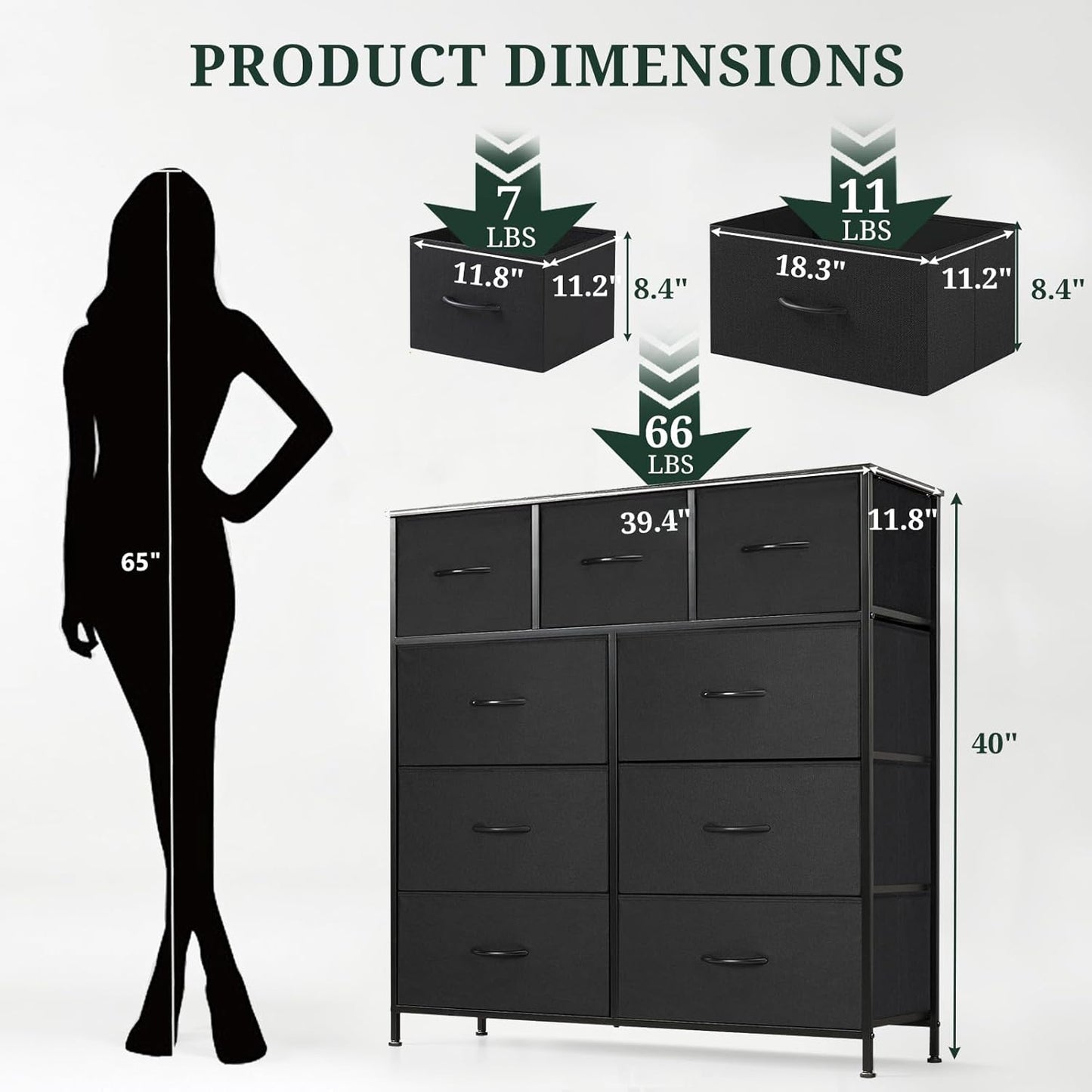 Skiennix 9-Drawer Dresser - Anti-Tip Tall Storage Organizer with Wooden Top & Metal Frame | Black