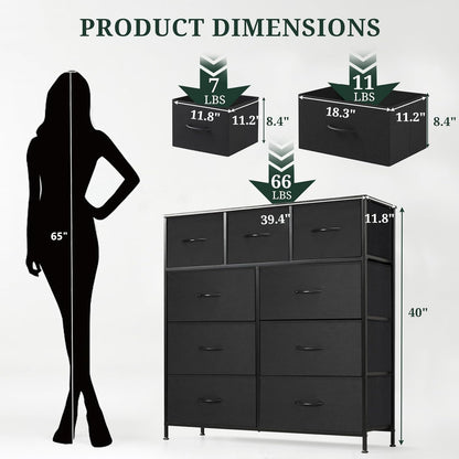 Skiennix 9-Drawer Dresser - Anti-Tip Tall Storage Organizer with Wooden Top & Metal Frame | Black