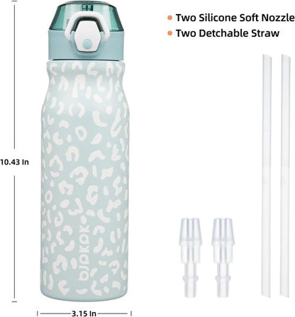 BJPKPK Insulated Water Bottle - 25oz Reusable Stainless Steel Flask with Straw & Leak-Proof Lid | Light Blue Leopard