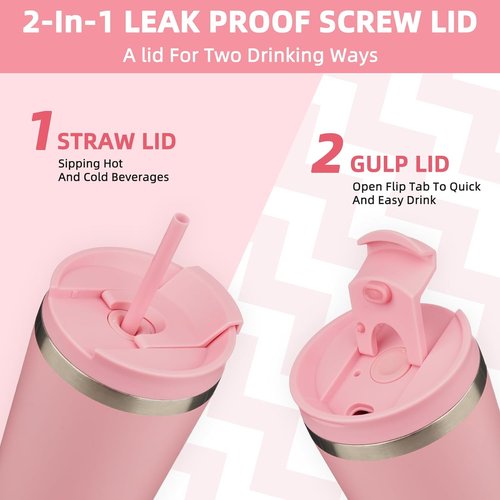 BJPKPK 18oz Insulated Stainless Steel Travel Coffee Mug - Light Pink with Lid & Straw