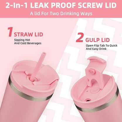 BJPKPK 18oz Insulated Stainless Steel Travel Coffee Mug - Light Pink with Lid & Straw