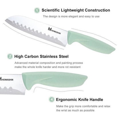 Knife Set With Block,Howashin14 Pieces Kitchen Knives Set With Block,High Carbon German Stainless Steel Knife Set With Sharpener Rod,Scissor and Peeler as A Gift,Green Knife Block Set