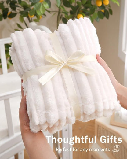 HOMRITAR White Baby Blanket for Boys Girls Super Soft Cozy Lightweight Toddler Blankets with Striped Design, Cute Fluffy Fleece Throws for Nursery Crib, 30 x 40 Inches