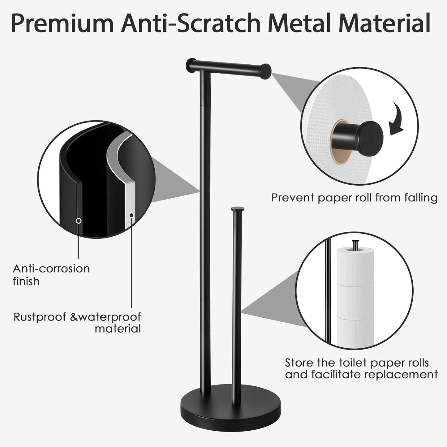 Skiennix Toilet Paper Holder Stand - Rustproof Free Standing Design with Large Reserve & Thick Base