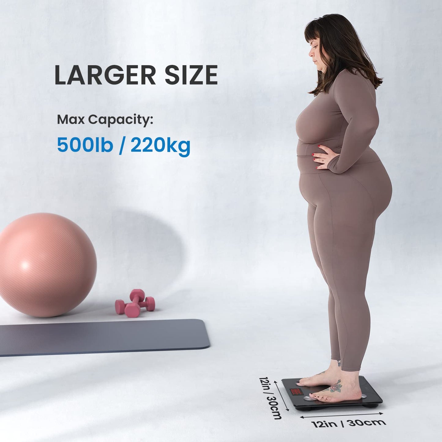 RENPHO Scale for Body Weight 500 lbs, Extra-High Capacity Smart Bathroom Scale with Ultra Wide Platform 12 x 12 inches, Body Fat Scale with Large LED Display, Health Monitor Sync App, Elis 1 L