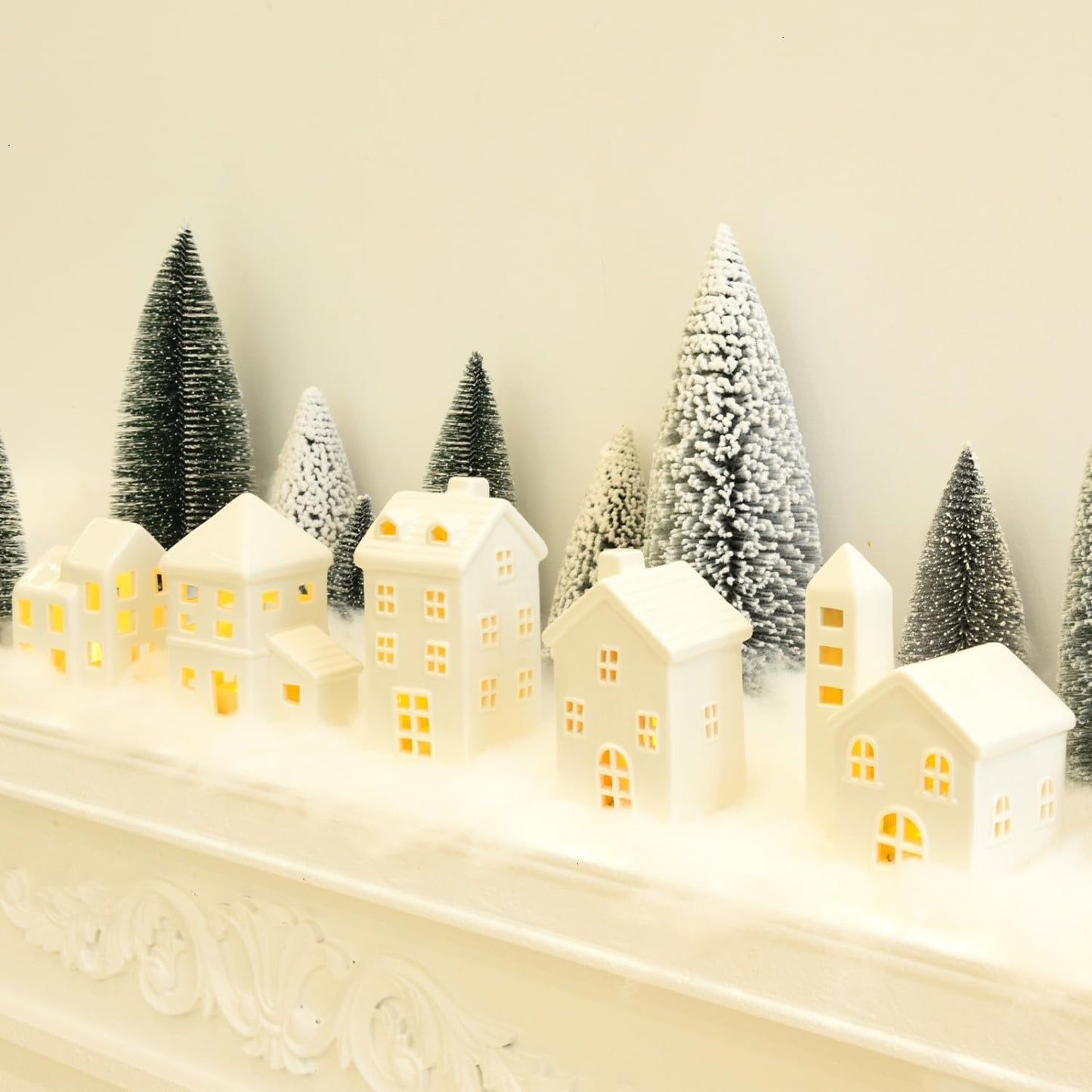 Regine Switzerland Ceramic Christmas Village Houses Set - 5 White Houses, 9 Trees & Fake Snow for Festive Indoor Decor