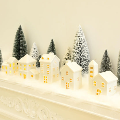 Regine Switzerland Ceramic Christmas Village Houses Set - 5 White Houses, 9 Trees & Fake Snow for Festive Indoor Decor