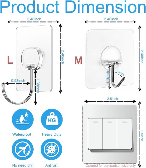 JINSHUNFA Heavy Duty Adhesive Wall Hooks - 13LB Capacity, No Drill, Waterproof, 12 Pack for Bathroom & Kitchen