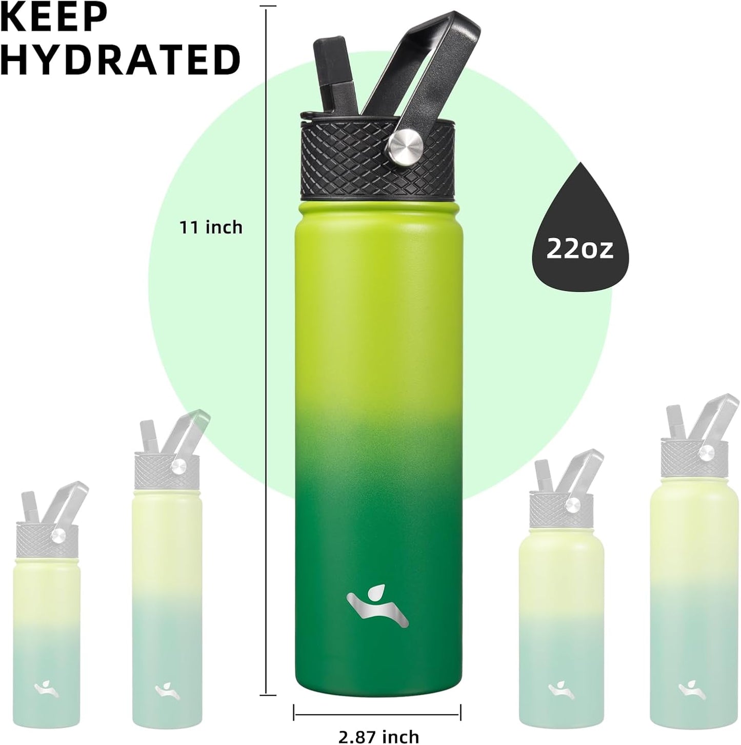 Skiennix 22oz Stainless Steel Water Bottle - Insulated with 3 Lids | Bamboo Grove Design