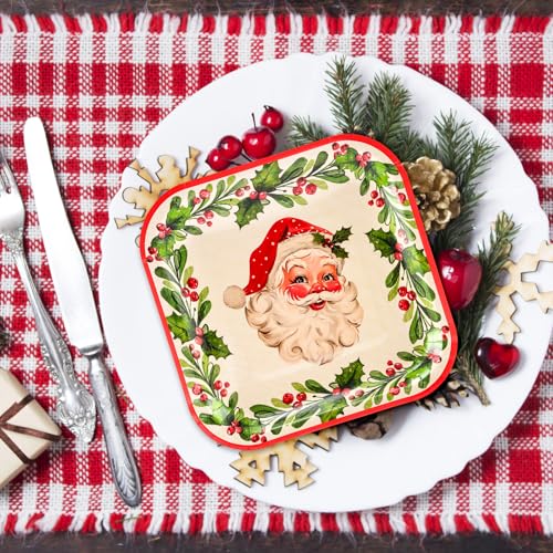 Christmas Paper Square Plates 9 Inch 40 Pack Vintage Santa Wreath Holiday Party Tableware