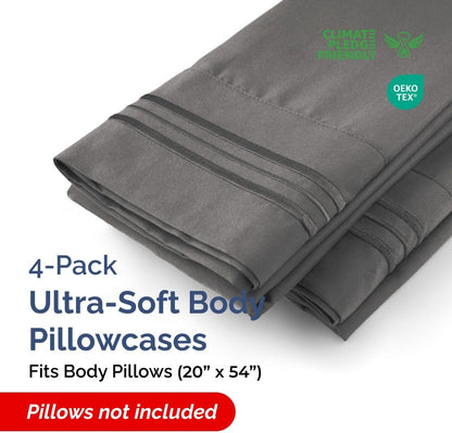 Skiennix Body Pillowcases Set of 4 | Soft, Breathable 20x54 Long Pillow Covers - Fade-Free & Machine Washable (Charcoal)