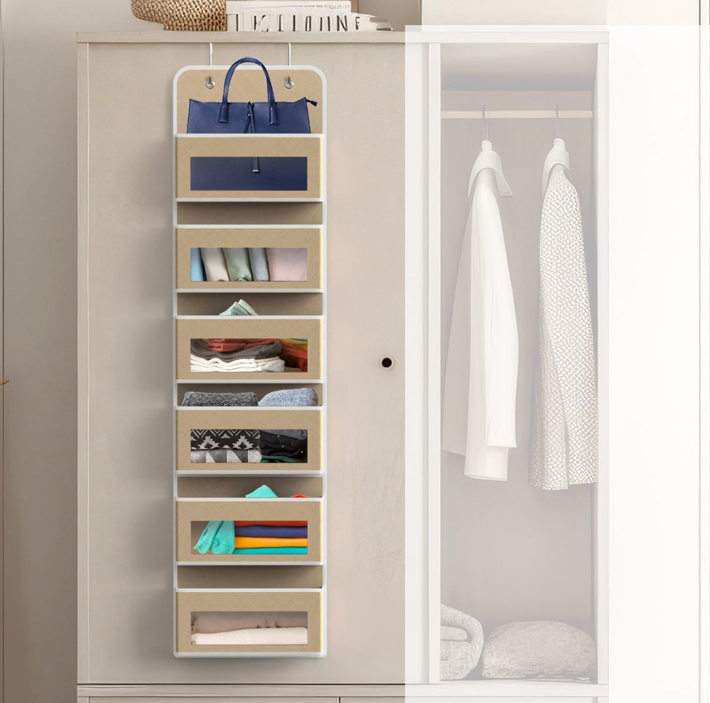 Simple Houseware 6 Pocket Over Door Hanging Organizer - Clear Window Design for Bedroom, Bathroom, Pantry | Beige
