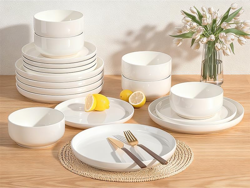 Skiennix Dinnerware Set - 12-Piece Scratch Resistant Plates & Bowls for 4 | Ceramic, Microwave & Dishwasher Safe, Cream White
