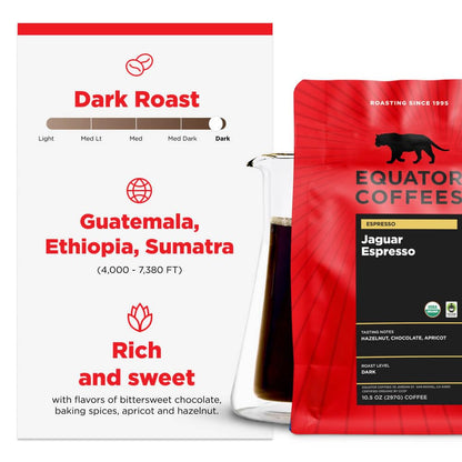 Equator Coffees, Jaguar Espresso, Organic Fine Ground Coffee, Dark Roast, Fresh Roasted, Hazelnut, Chocolate & Apricot Flavor Notes, Sustainable and Fair Trade Certified, for Moka Pots, 10.5 oz Bag