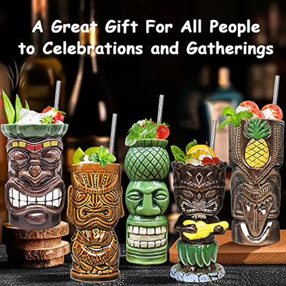 Set of 12 Ceramic Tiki Mugs for Cocktails Hawaiian Party Drinkware