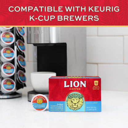 Lion Coffee Chocolate Macadamia Flavored Medium Roast Coffee, Single-Serve Coffee Pods, Compatible with Keurig® Brewers, Hawaiian Inspired Taste - (12 Count Box)