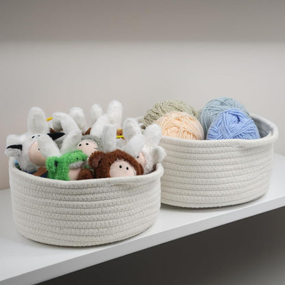Small Woven Basket with Handle - Cute White Storage Bin for Organizing | Cotton Rope Nursery Gift Basket
