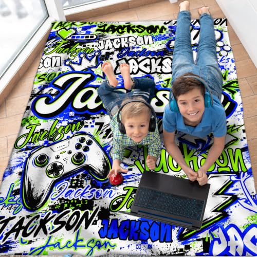 Custom Light Blue Gaming Blanket with Name for Boys - Kids Gift