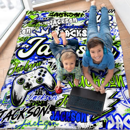 Custom Light Blue Gaming Blanket with Name for Boys - Kids Gift