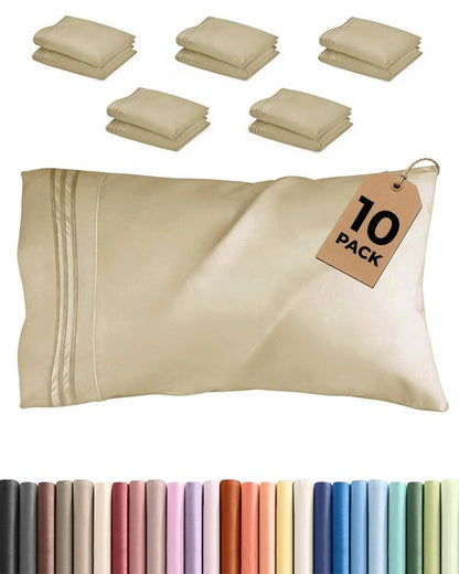 King Pillow Cases Set of 10 - Ultra Soft Hotel Quality Pillowcase Covers - Comfy & Wrinkle Free - Shrink, Stain and Fade Resistant - Easy-Care, Machine Washable Pillow Protectors - 10 Pcs Set - Beige