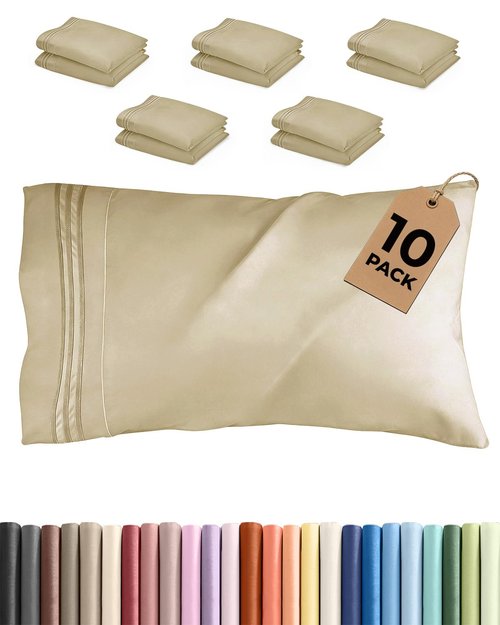 King Pillow Cases Set of 10 - Ultra Soft Hotel Quality Pillowcase Covers - Comfy & Wrinkle Free - Shrink, Stain and Fade Resistant - Easy-Care, Machine Washable Pillow Protectors - 10 Pcs Set - Beige