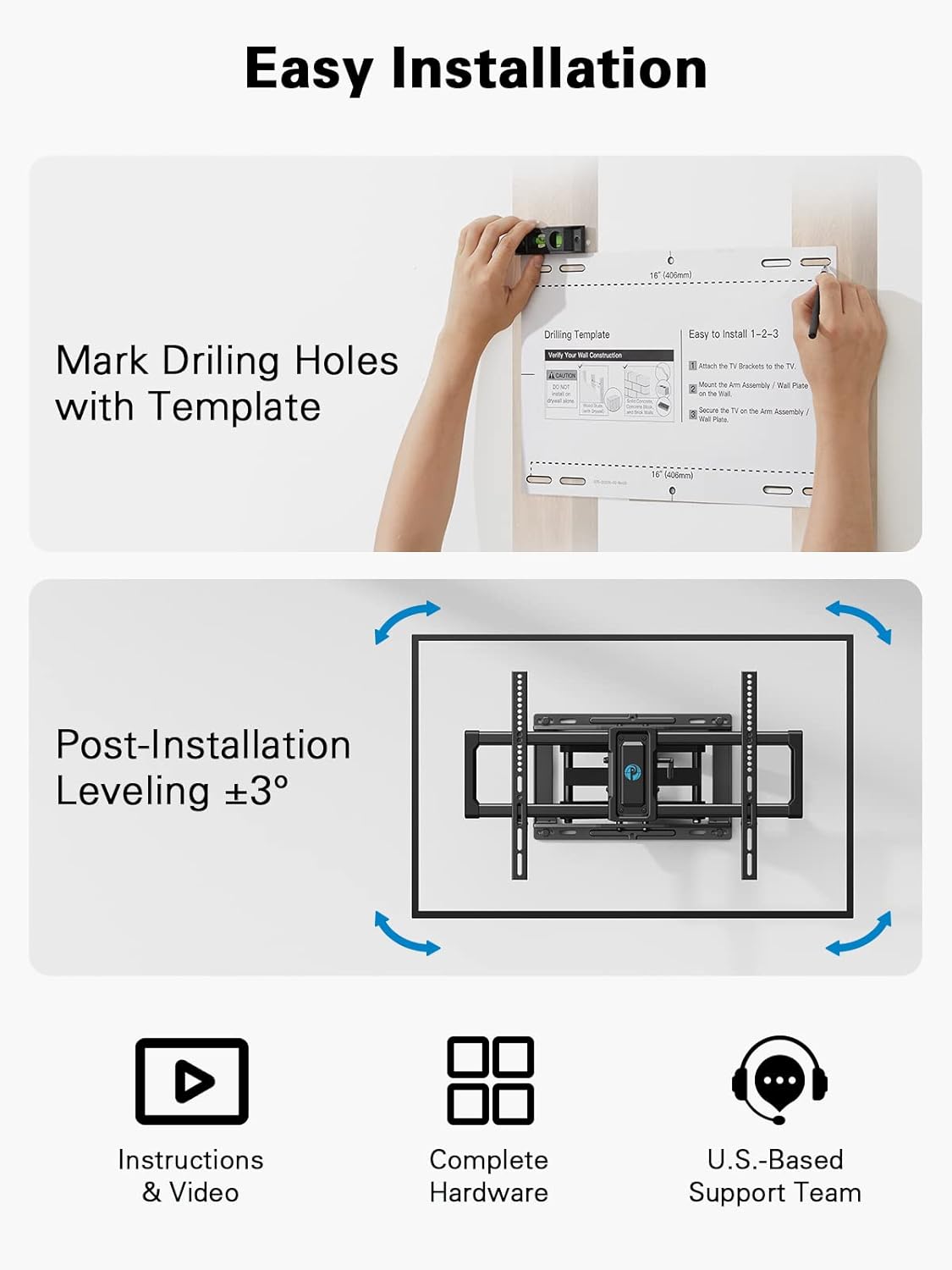 Pipishell Full Motion TV Wall Mount - Swivel Dual Arms for 40-82 Inch TVs | Max VESA 600x400mm, 110 lbs Capacity