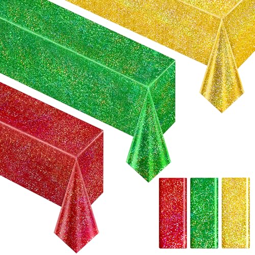Christmas Laser Shine Tablecloth 40x108 Inches - Red Green Gold Iridescent Plastic Disposable Party Decor - Variation of This Listing