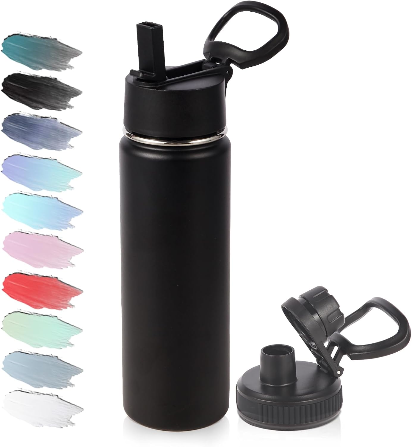 Volhoply 20oz Insulated Stainless Steel Water Bottle - Kids Wide Mouth with Straw Lid & Handle | Black
