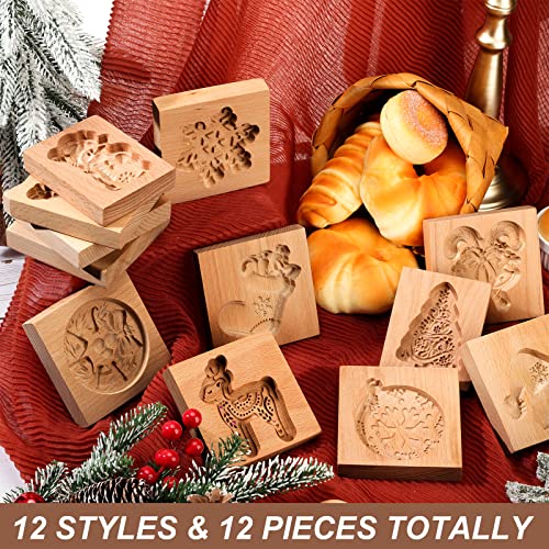 Christmas Wooden Cookie Stamp Mold Set - 12 Holiday Patterns for Baking