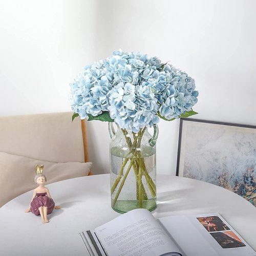Kisflower Blue Hydrangea Flowers - 6pcs Faux Silk Hydrangeas for Home & Wedding Decor
