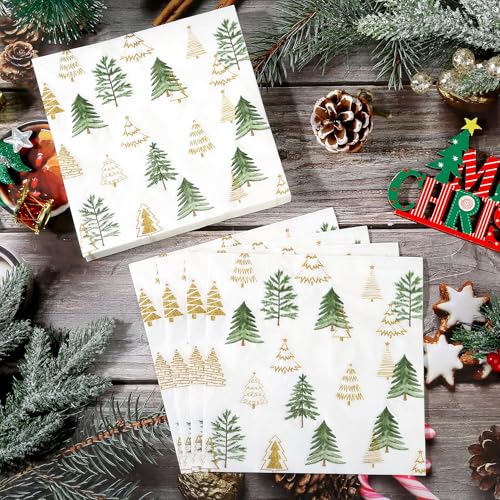 Christmas Tree Paper Napkins with Gold Glitter Trees - 100 Pcs, 6.5in - Xmas Trees