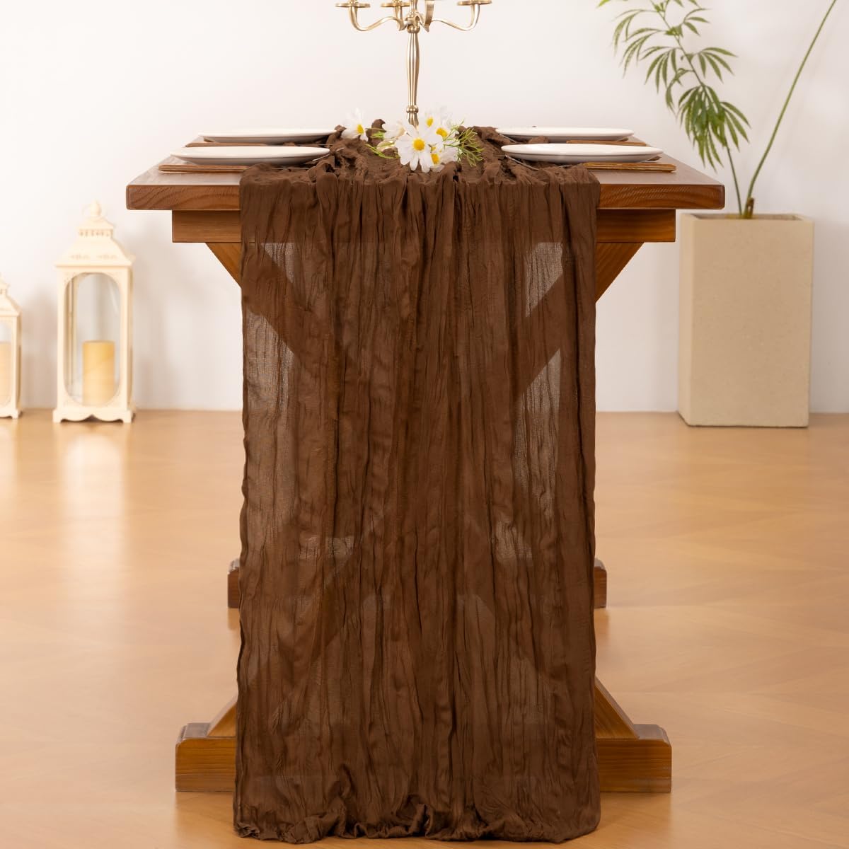 Socomi 3-Piece Brown Coffee Table Runner Set - Boho Rustic Gauze | 120 Inch for Weddings & Events