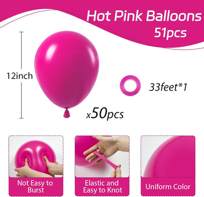 Awenztech Hot Pink Balloons - 12 Inch Latex Party Balloons | 50 Pack for Weddings & Birthdays