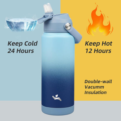 Skiennix Insulated Water Bottle - 24 Oz Stainless Steel with Straw Lid & Silicone Handle | Sky Color