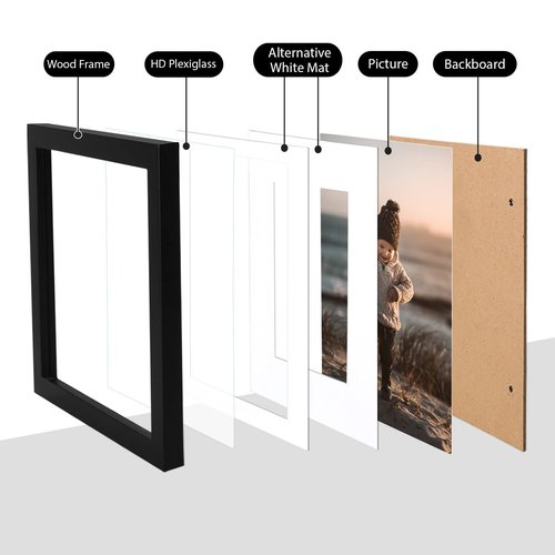 KINLINK 8x10 Picture Frame Black, Solid Wood Frames with Acrylic Plexiglass for Pictures 4x6/5x7 with Mat or 8x10 without Mat, Tabletop and Wall Display Photo Frame, Set of 4
