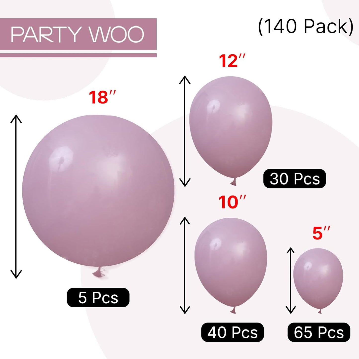 PartyWoo Dusty Purple Balloons - 140-Piece Lavender Boho Balloon Arch Kit | 12", 10", 5" Sizes for Baby Showers & Birthdays