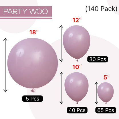PartyWoo Dusty Purple Balloons - 140-Piece Lavender Boho Balloon Arch Kit | 12", 10", 5" Sizes for Baby Showers & Birthdays
